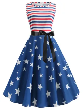 1950s American Stars Stripe Belted Dress