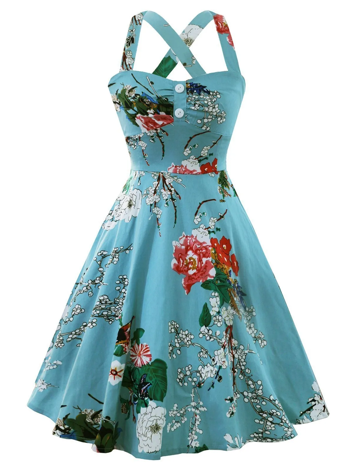 1950s Floral Button Swing Dress