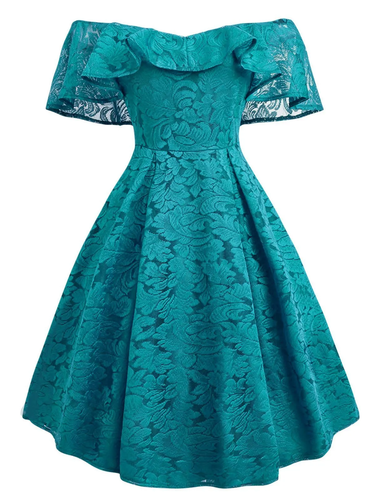 1950s Lace Off Shoulder Ruffle Dress