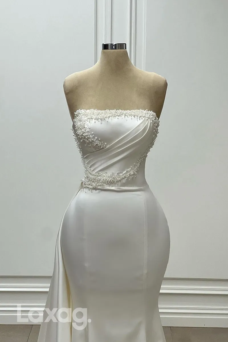 22357 - Strapless Pearls Beaded Sleek Satin Mermaid Wedding Dress with Train