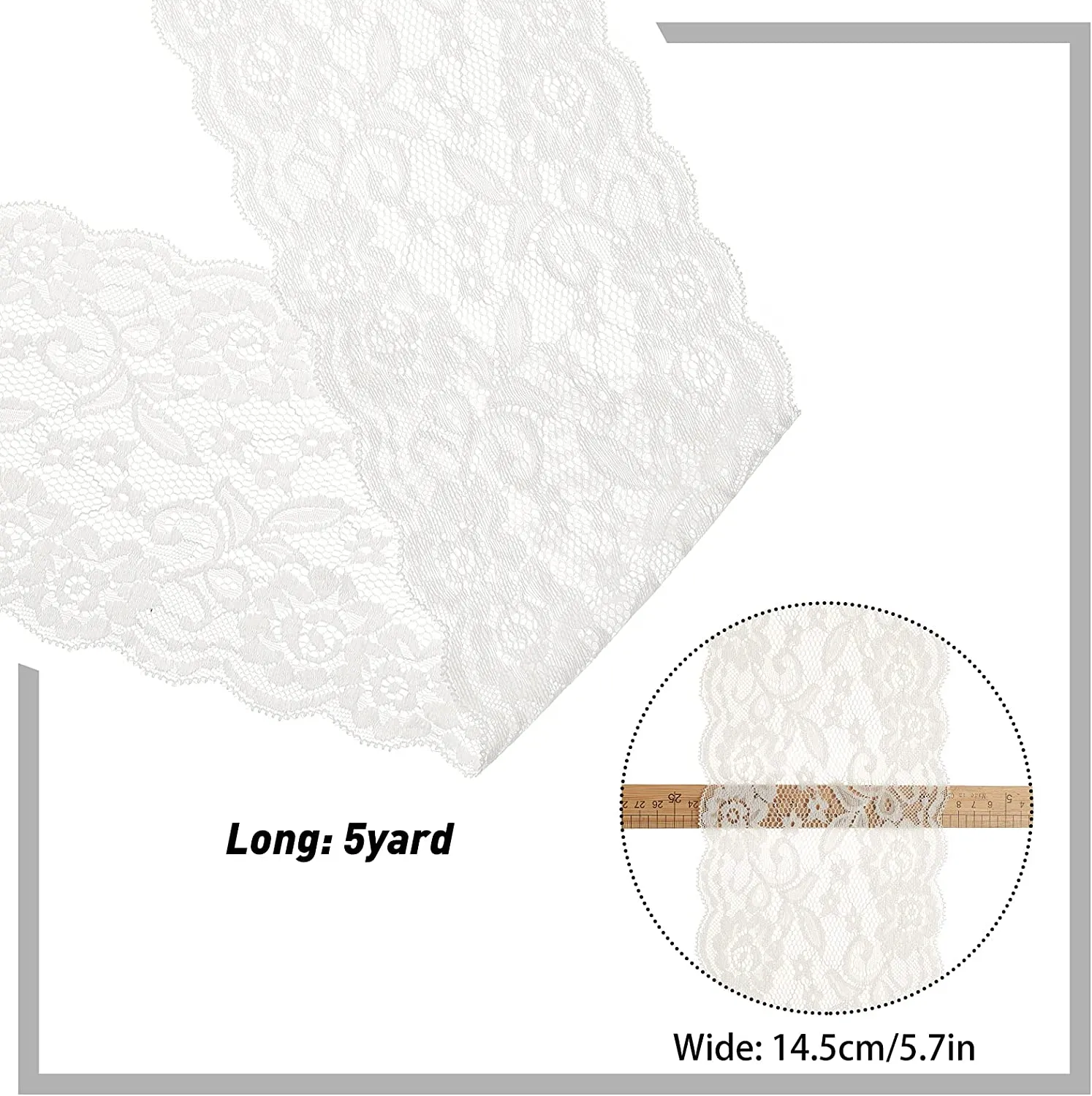 5 Yards 6 Inch Wide Elastic Lace Cotton Floral Pattern Trim Fabric Sewing for Scalloped Edge Rose Decorations for Dress Tablecloth Hair Band Wedding Festival Event Decorations(White)