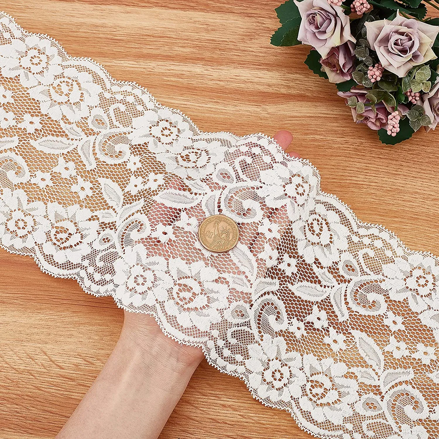 5 Yards 6 Inch Wide Elastic Lace Cotton Floral Pattern Trim Fabric Sewing for Scalloped Edge Rose Decorations for Dress Tablecloth Hair Band Wedding Festival Event Decorations(White)