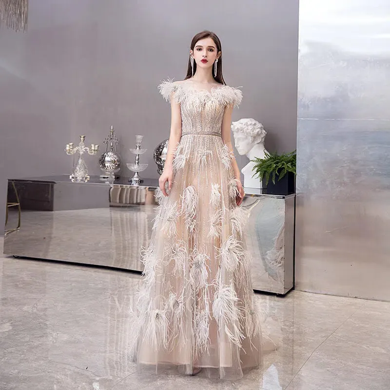 A-line Boatneck Prom Dresses Feather Beaded Evening Dresses 20070