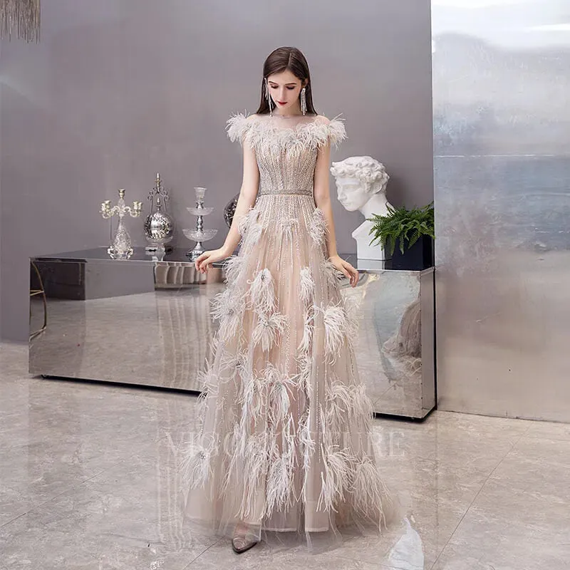 A-line Boatneck Prom Dresses Feather Beaded Evening Dresses 20070