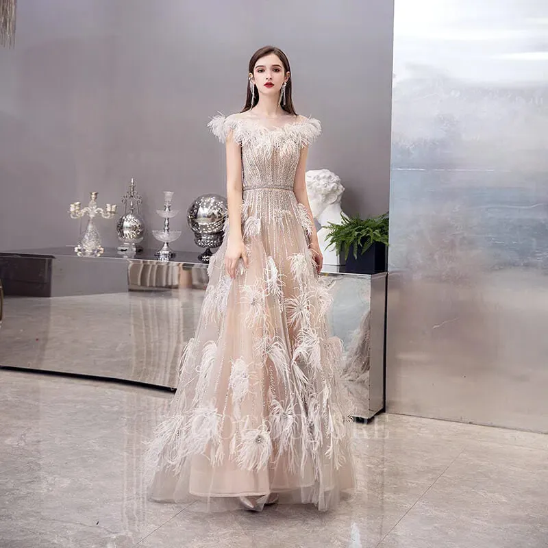 A-line Boatneck Prom Dresses Feather Beaded Evening Dresses 20070