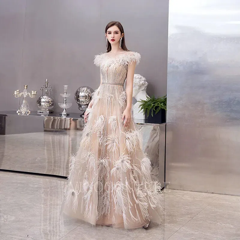 A-line Boatneck Prom Dresses Feather Beaded Evening Dresses 20070