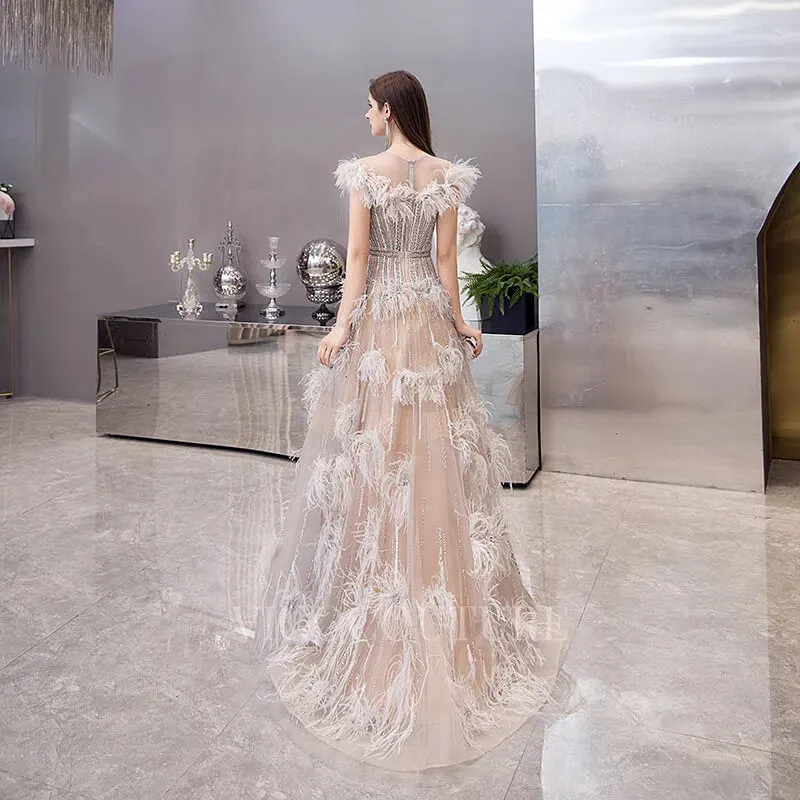 A-line Boatneck Prom Dresses Feather Beaded Evening Dresses 20070