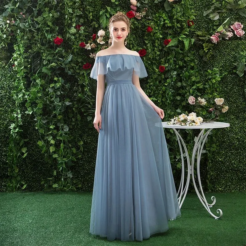 A Line Chiffon Blue Off the Shoulder Prom Dress, Long Ruffles Bridesmaid Dresses PFP1626