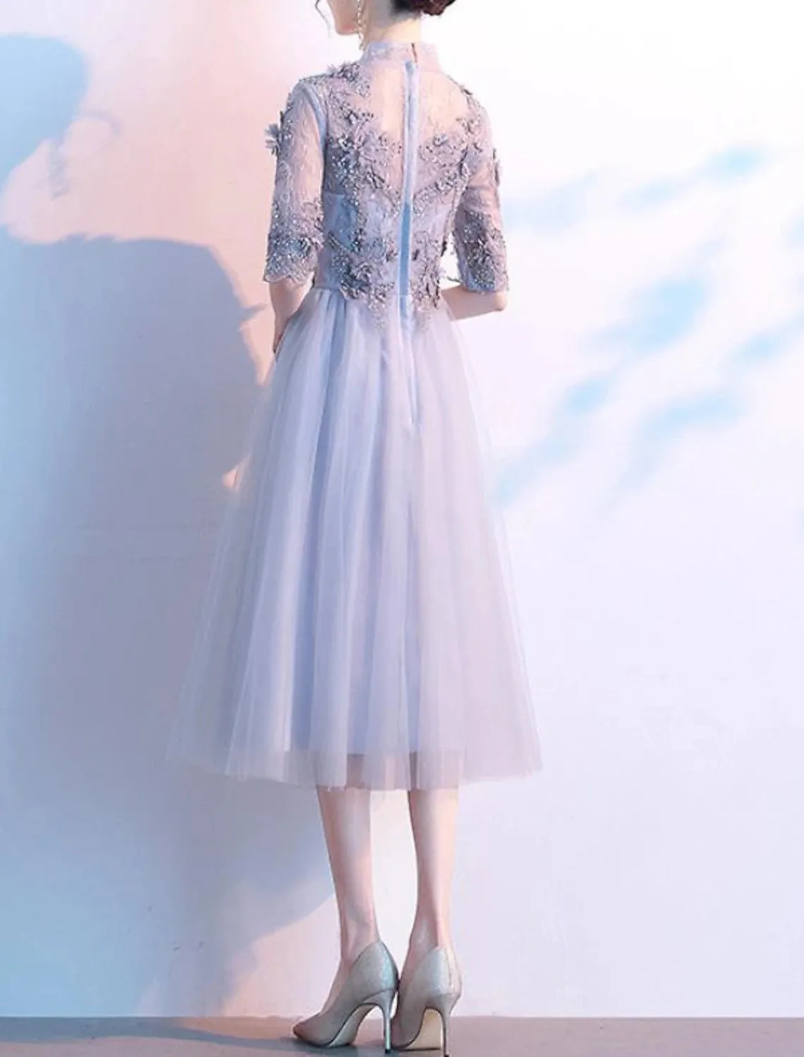 A-Line Cocktail Dresses Elegant Dress Wedding Guest Party Wear Knee Length Half Sleeve High Neck Lace with Pleats Sequin Appliques