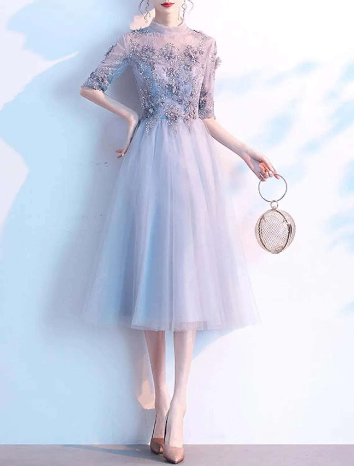 A-Line Cocktail Dresses Elegant Dress Wedding Guest Party Wear Knee Length Half Sleeve High Neck Lace with Pleats Sequin Appliques