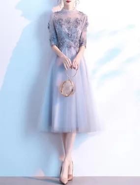 A-Line Cocktail Dresses Elegant Dress Wedding Guest Party Wear Knee Length Half Sleeve High Neck Lace with Pleats Sequin Appliques
