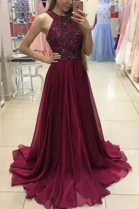 A-Line Halter Sweep Train Burgundy Chiffon Prom Dress with Beading AHC690