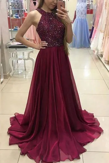 A-Line Halter Sweep Train Burgundy Chiffon Prom Dress with Beading AHC690