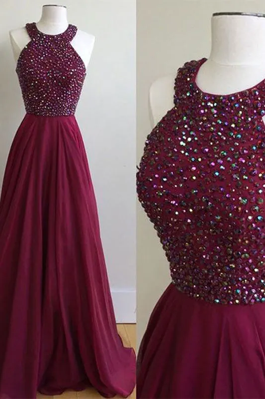 A-Line Halter Sweep Train Burgundy Chiffon Prom Dress with Beading AHC690