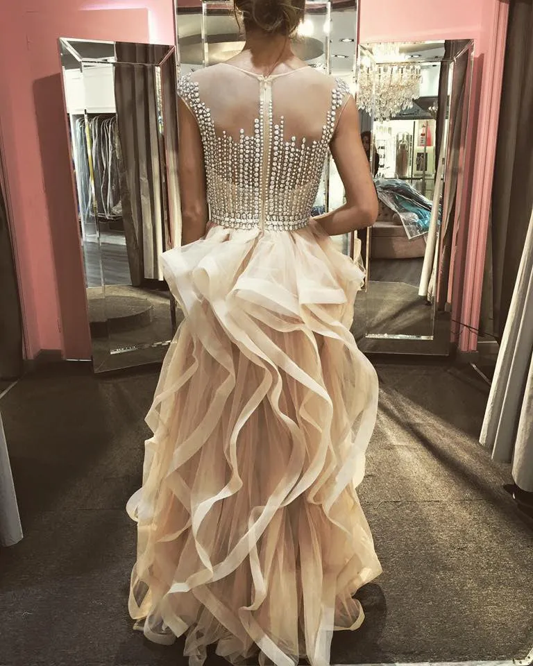 A-Line Jewel Floor-Length Champagne Tulle Prom Dress with Beading Ruffles AHC695