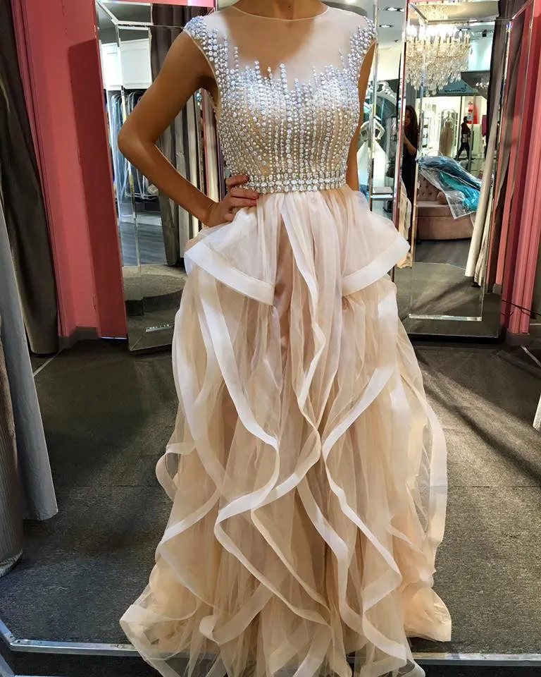 A-Line Jewel Floor-Length Champagne Tulle Prom Dress with Beading Ruffles AHC695