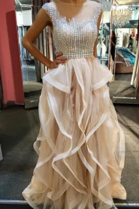 A-Line Jewel Floor-Length Champagne Tulle Prom Dress with Beading Ruffles AHC695