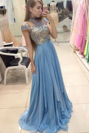 A-Line Jewel Sweep Train Cap Sleeves Blue Organza Prom Dress with Beading AHC673
