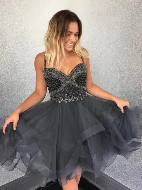 Aubree Homecoming Dresses Elegant Asymmetry Grey Beaded Short Party Dresses CD393