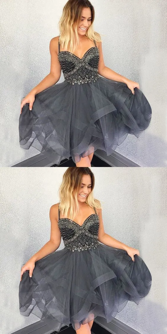 Aubree Homecoming Dresses Elegant Asymmetry Grey Beaded Short Party Dresses CD393