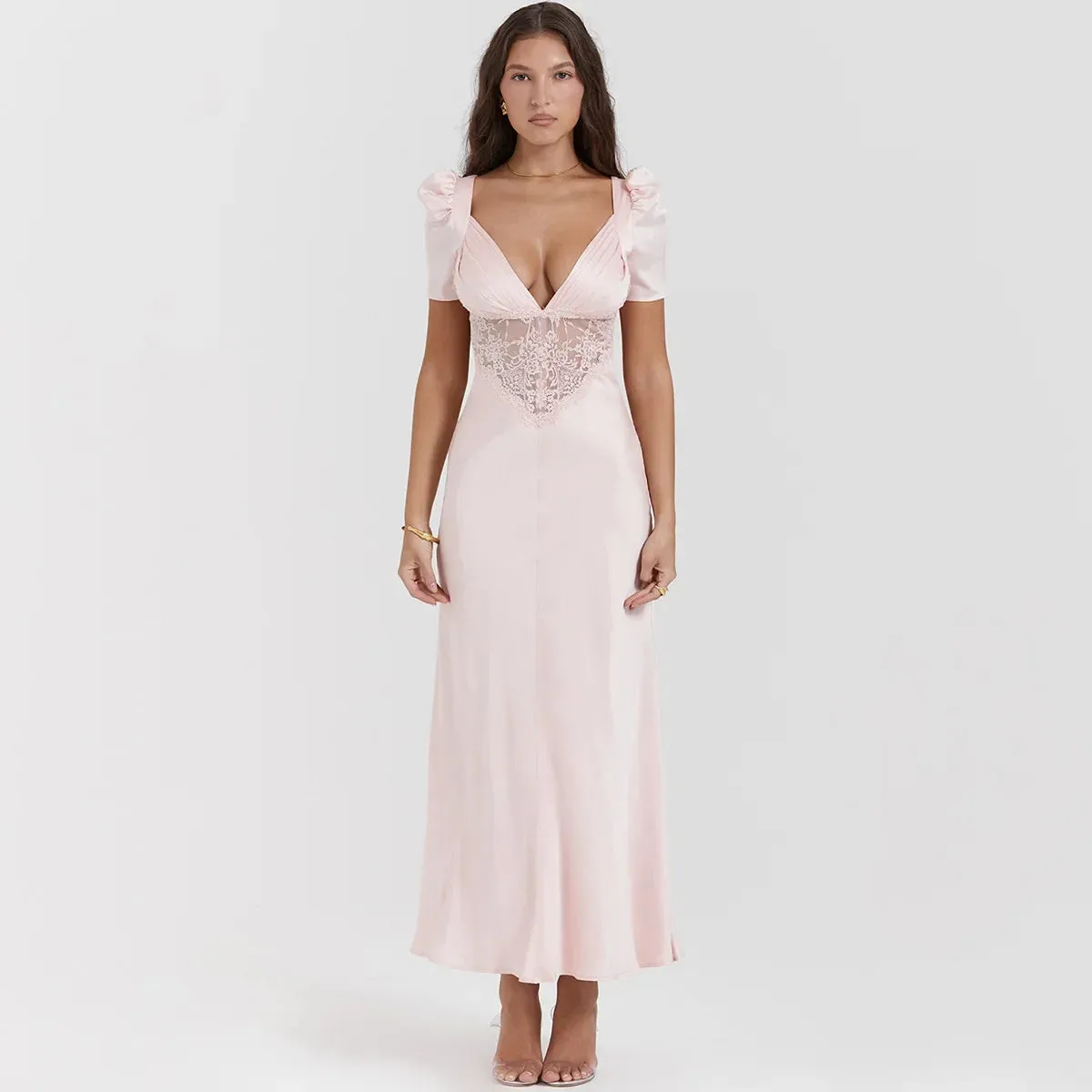 Autumn Long Elegant Pink Maxi V Neck Formal Occasion Puff Sleeve Lace Dress