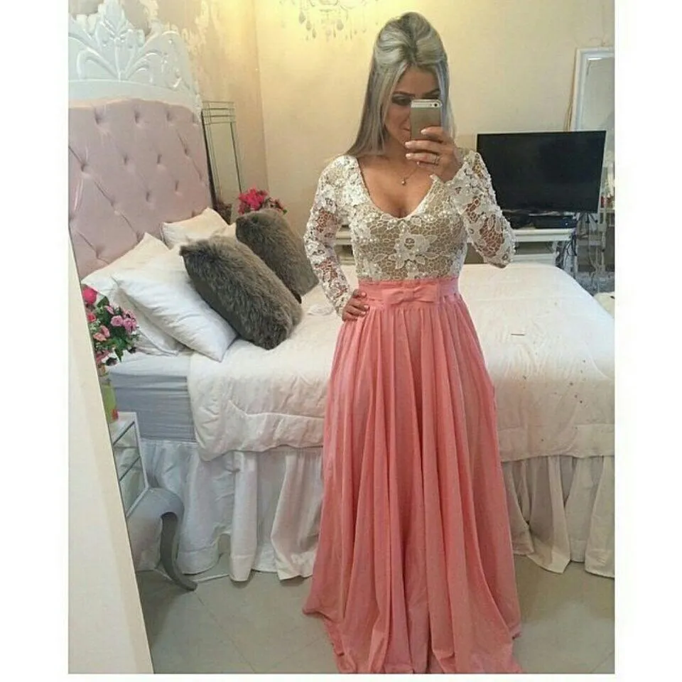 Backless V-neck Splicing Lace Hollow Out Long Party Dress
