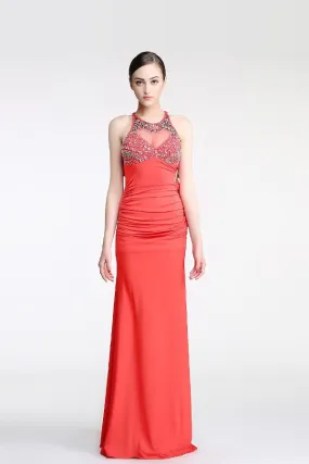 Backless Watermelon Sheath Mermaid Beaded Prom Dresses PFP1294