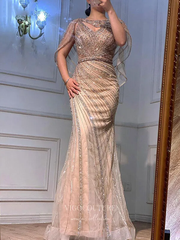 Beaded Cape Sleeve Prom Dresses Mermaid Evening Dresses 21315