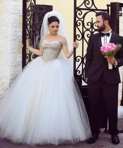 Beaded Crystal Off Shoulder Wedding Dresses, Gorgeous Elegant Popular Sparkly Bridal Gwons,WD0344