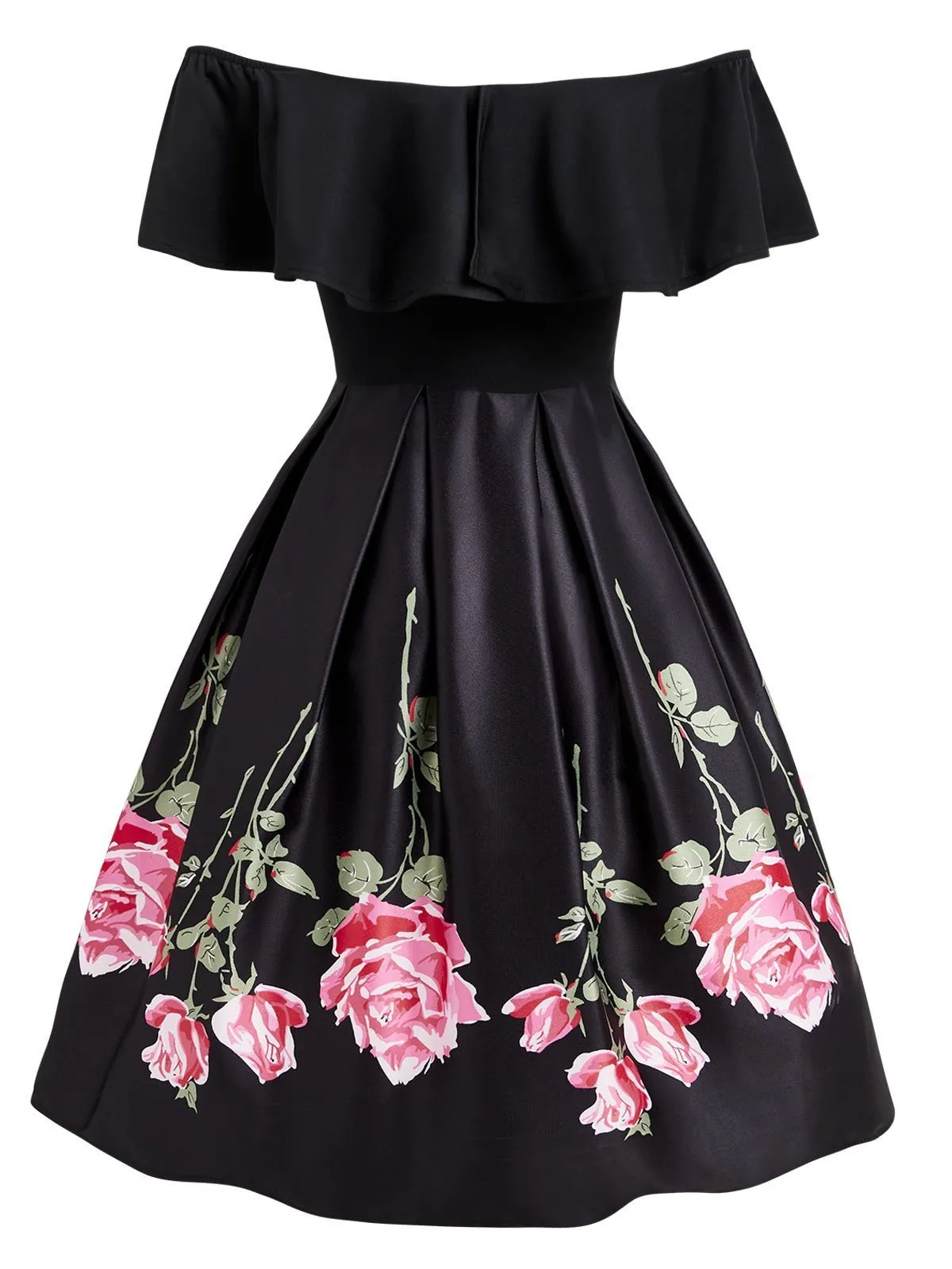 Black 1950s Ruffle Off Shoulder Dress