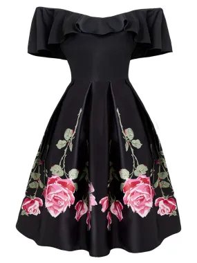 Black 1950s Ruffle Off Shoulder Dress