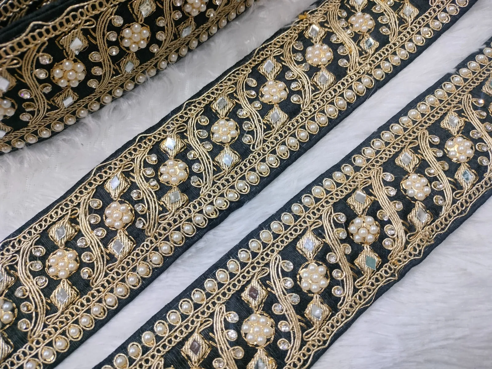 Black Embellished Pearl and Mirror Trim