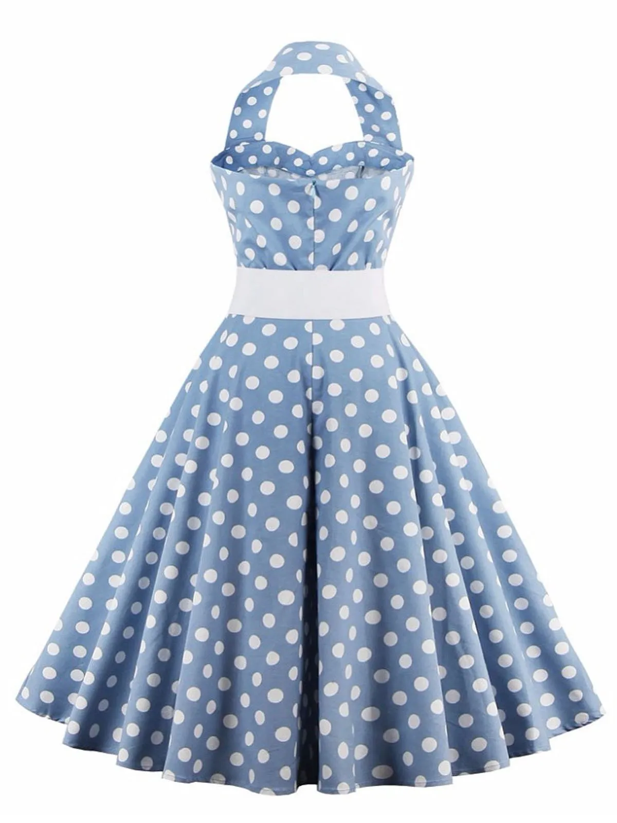 Blue 1950s Polka Dot Halter Belted Dress