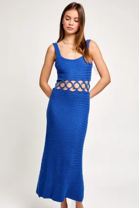 Blue Square Neck Sleeveless Crochet Midi Dress