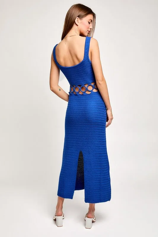 Blue Square Neck Sleeveless Crochet Midi Dress