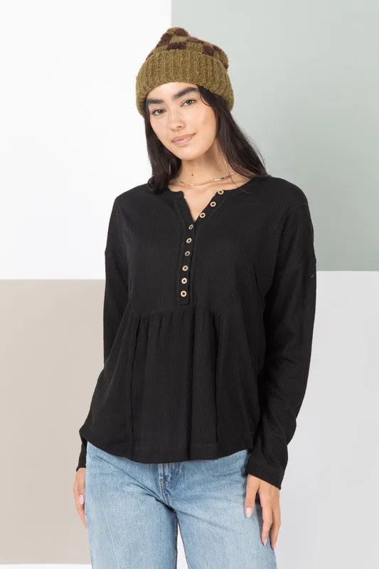 Casual Comfy Waffle Knit Henley Top