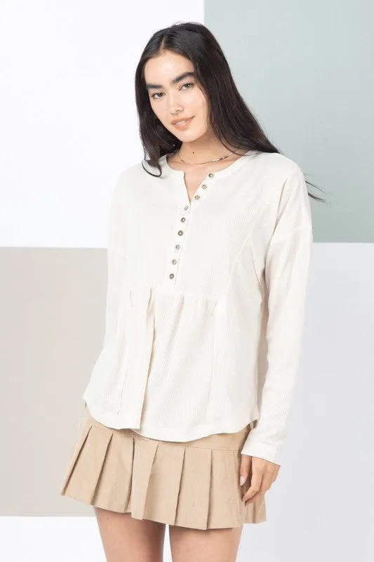 Casual Comfy Waffle Knit Henley Top