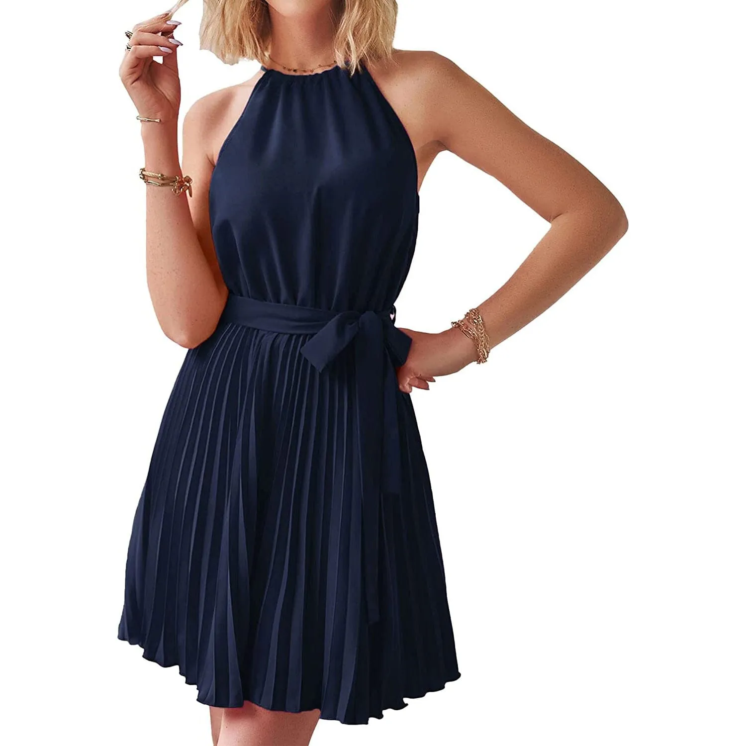 Casual Halter Neck A-Line Dress Sleeveless Belted Swing Pleated Cocktail Party Beach Mini Dresses