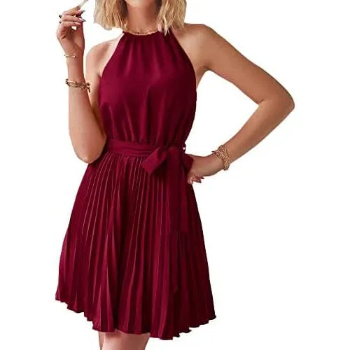 Casual Halter Neck A-Line Dress Sleeveless Belted Swing Pleated Cocktail Party Beach Mini Dresses