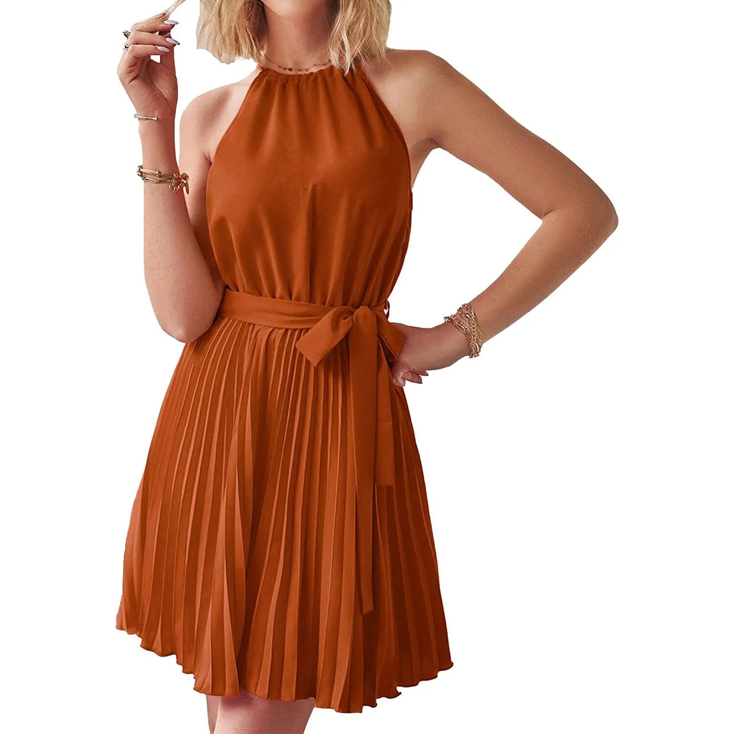 Casual Halter Neck A-Line Dress Sleeveless Belted Swing Pleated Cocktail Party Beach Mini Dresses