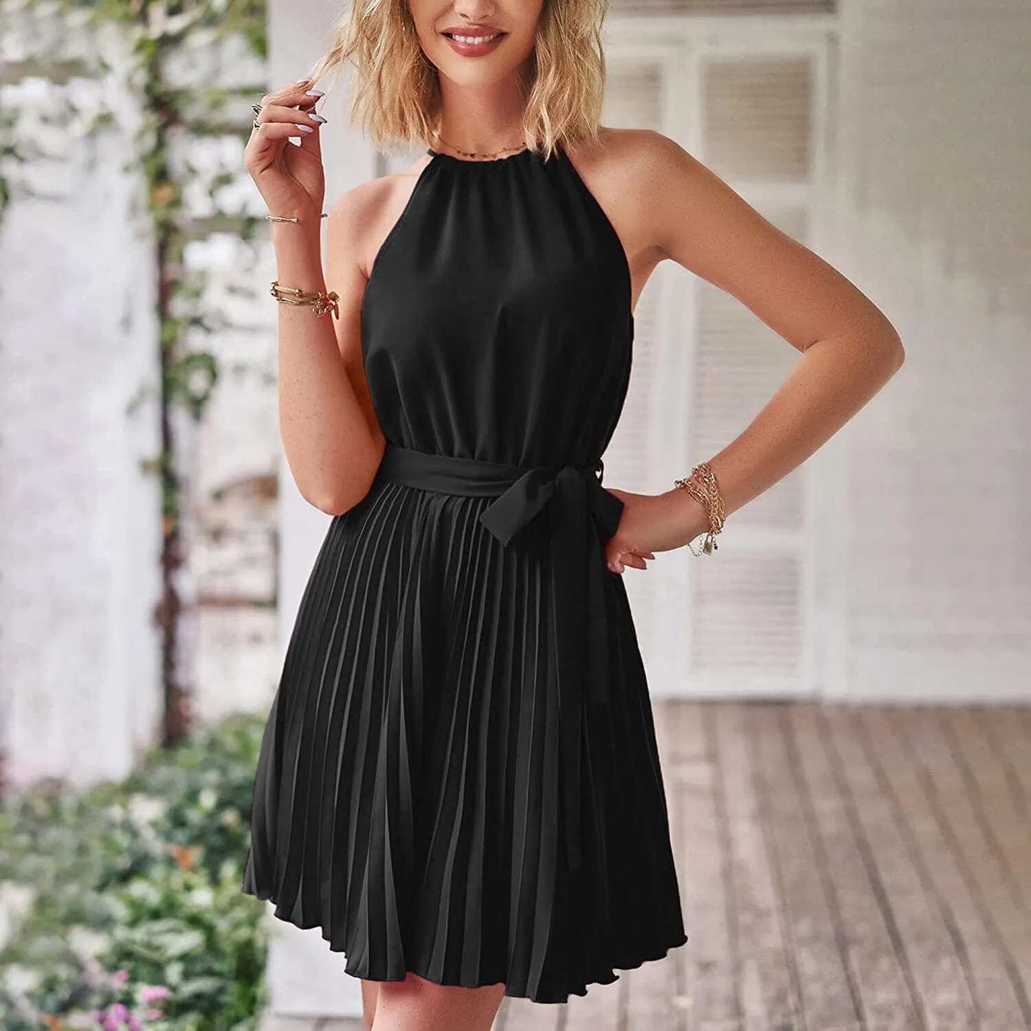 Casual Halter Neck A-Line Dress Sleeveless Belted Swing Pleated Cocktail Party Beach Mini Dresses