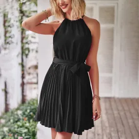 Casual Halter Neck A-Line Dress Sleeveless Belted Swing Pleated Cocktail Party Beach Mini Dresses