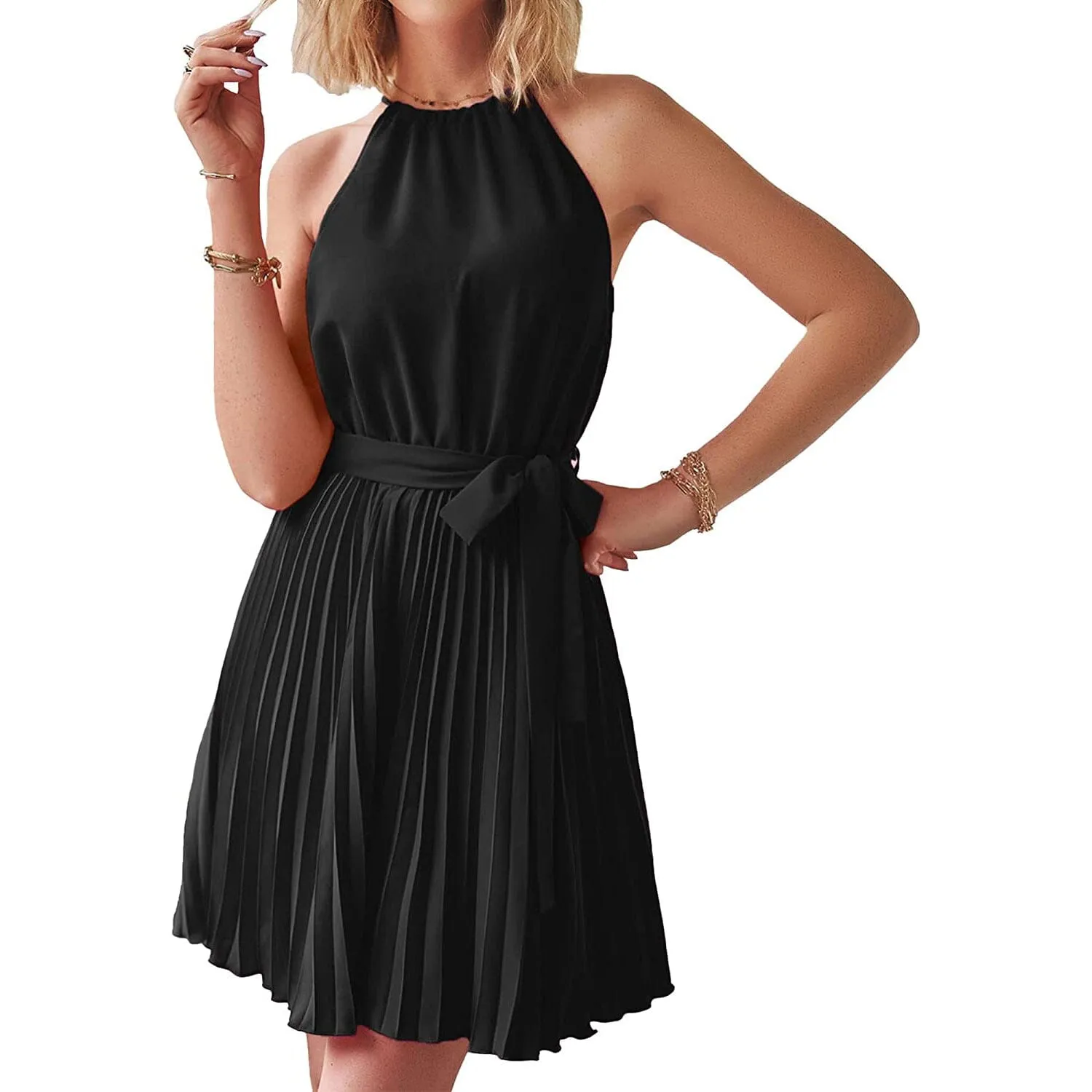 Casual Halter Neck A-Line Dress Sleeveless Belted Swing Pleated Cocktail Party Beach Mini Dresses