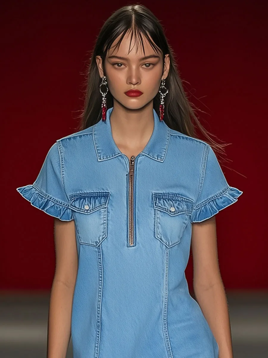Casual Vintage Blue Denim Short Sleeve Zipper Tassel Midi Dress