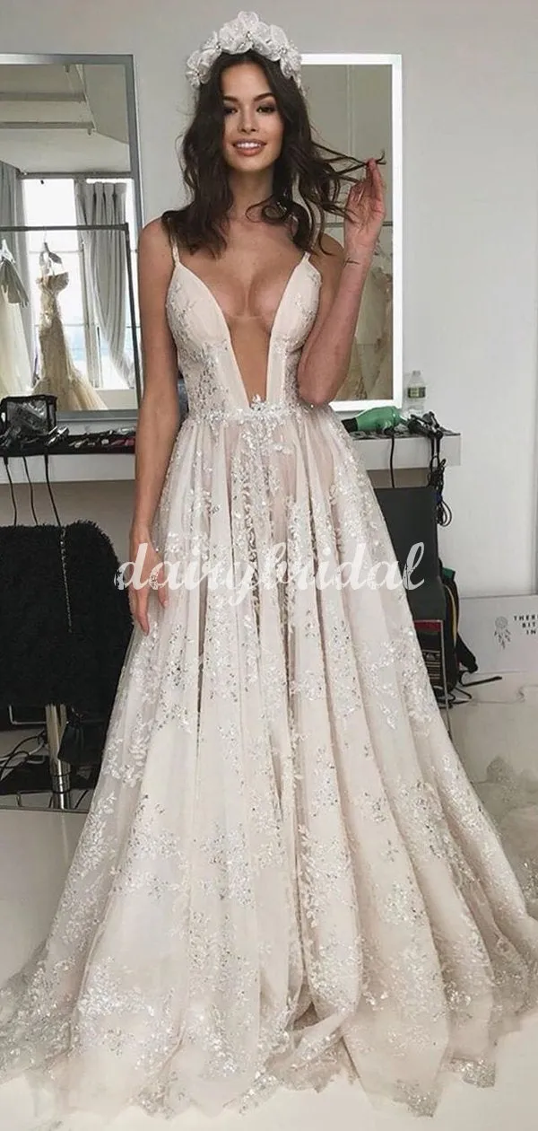 Charming A-line Lace Spaghetti Straps Tulle Wedding Dress, FC5092
