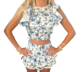 Charming Ruffle Floral Ensemble in Royal Blue
