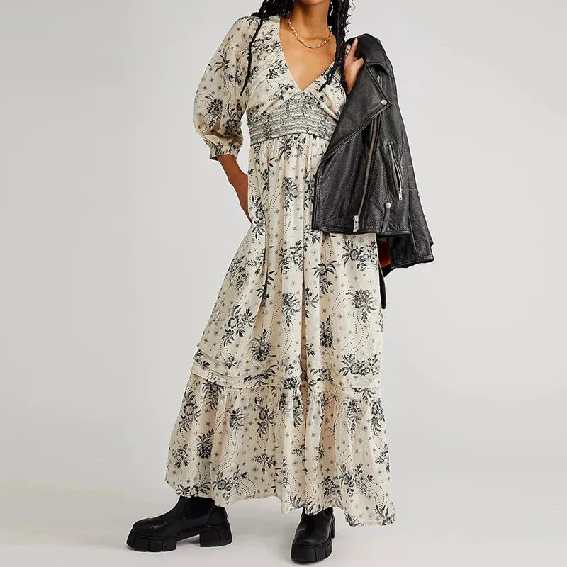 Chiffon Tiered Swing Deep V Neck Puff Sleeve Women's Boho Dress