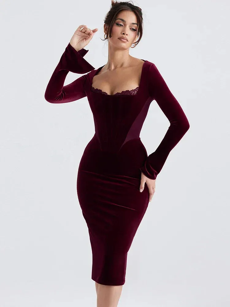 Clearance Celebrity Christmas Evening Party Red Midi Chic and Elegant Long Sleeve Corset Fall Winter Lace Dress