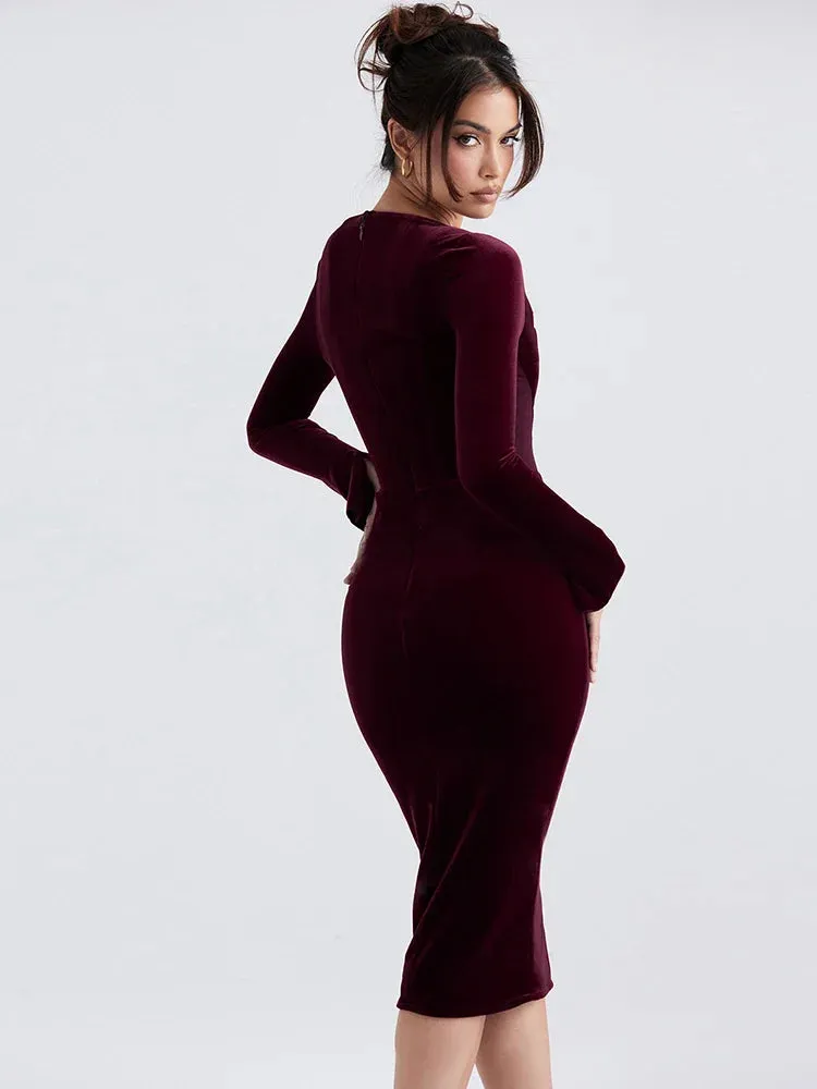 Clearance Celebrity Christmas Evening Party Red Midi Chic and Elegant Long Sleeve Corset Fall Winter Lace Dress