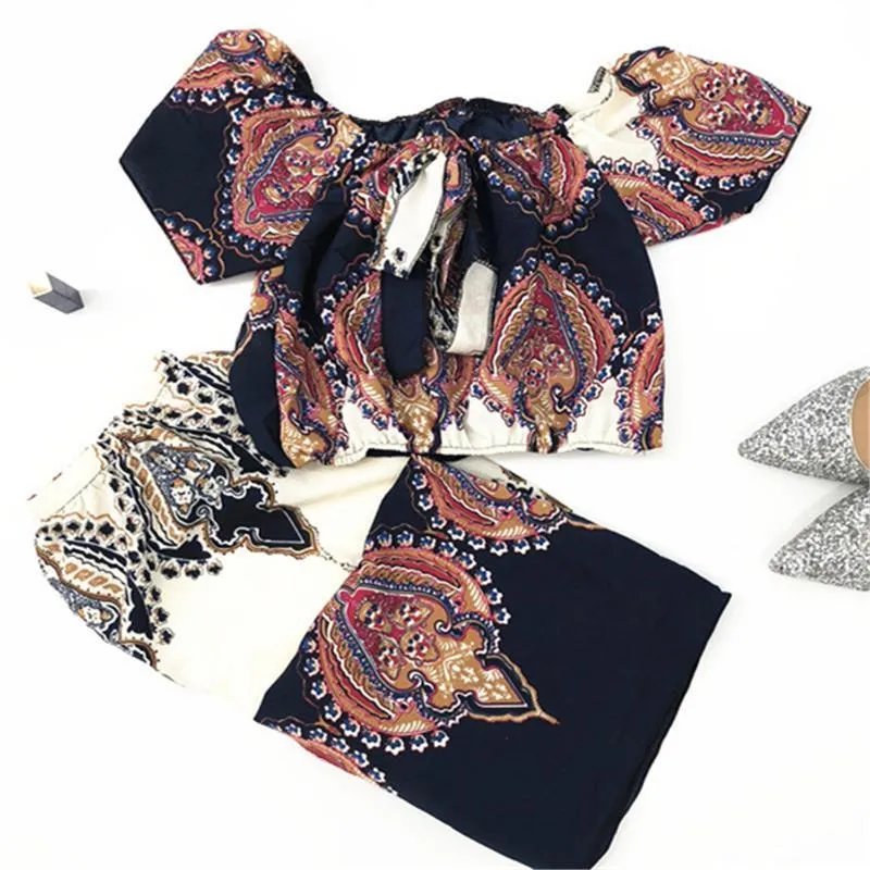 Clearance Retro Print Off Shoulder Short Sleeves Crop Top with Long Skirt Two Pieces Dress Set